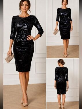 Eliza J navy  Sequin Long Sleeve Dress velour dress size 6 Classic Evening Style